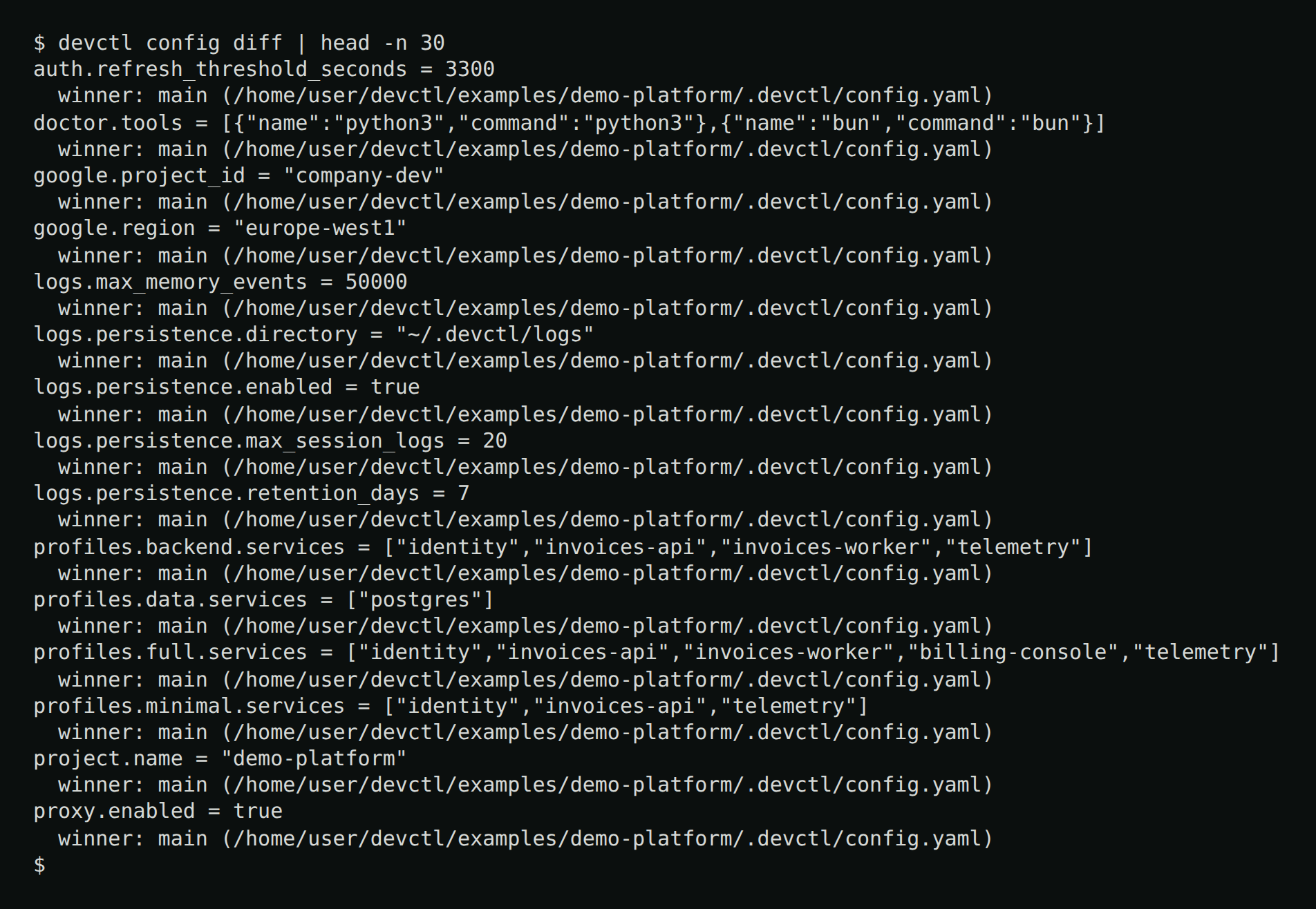 devctl config diff — each effective value with the file and layer that won