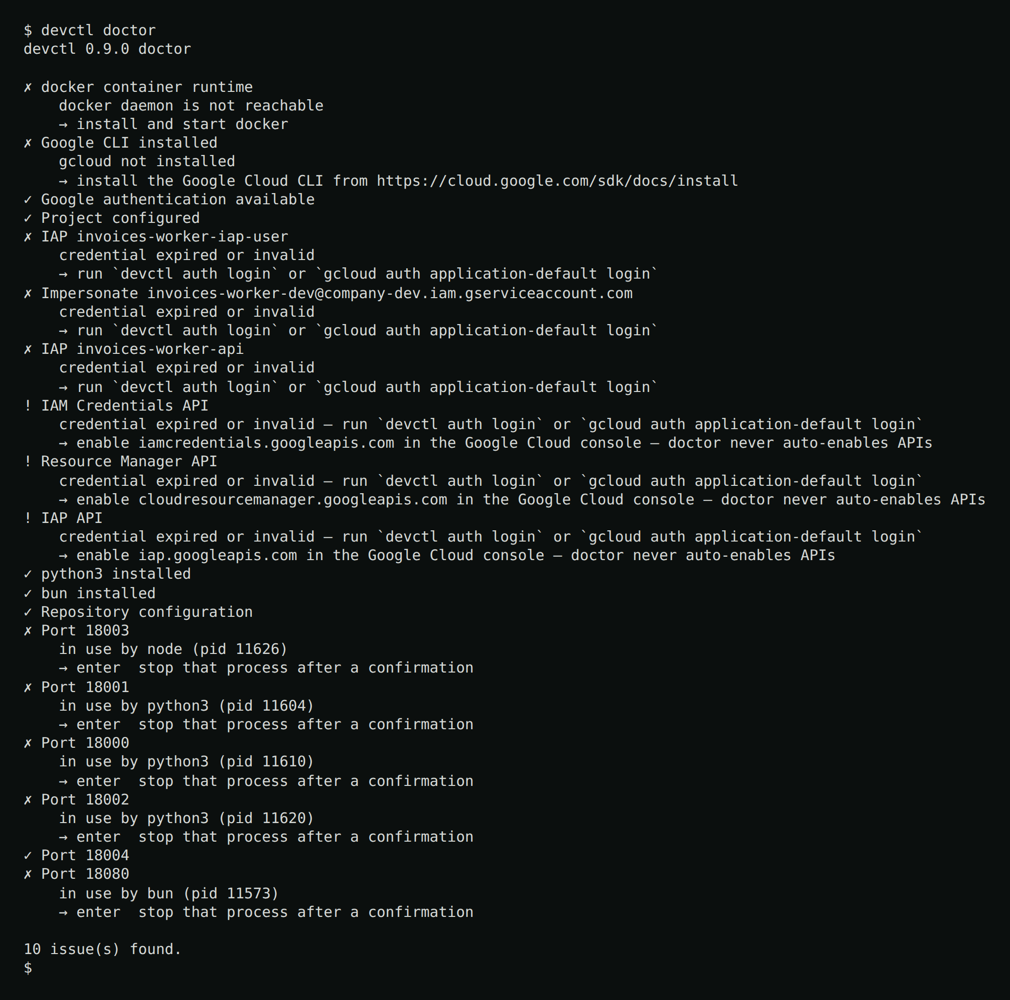 devctl doctor — each check reported with ✓ / ! / ✗, an actionable hint, and a final issue count