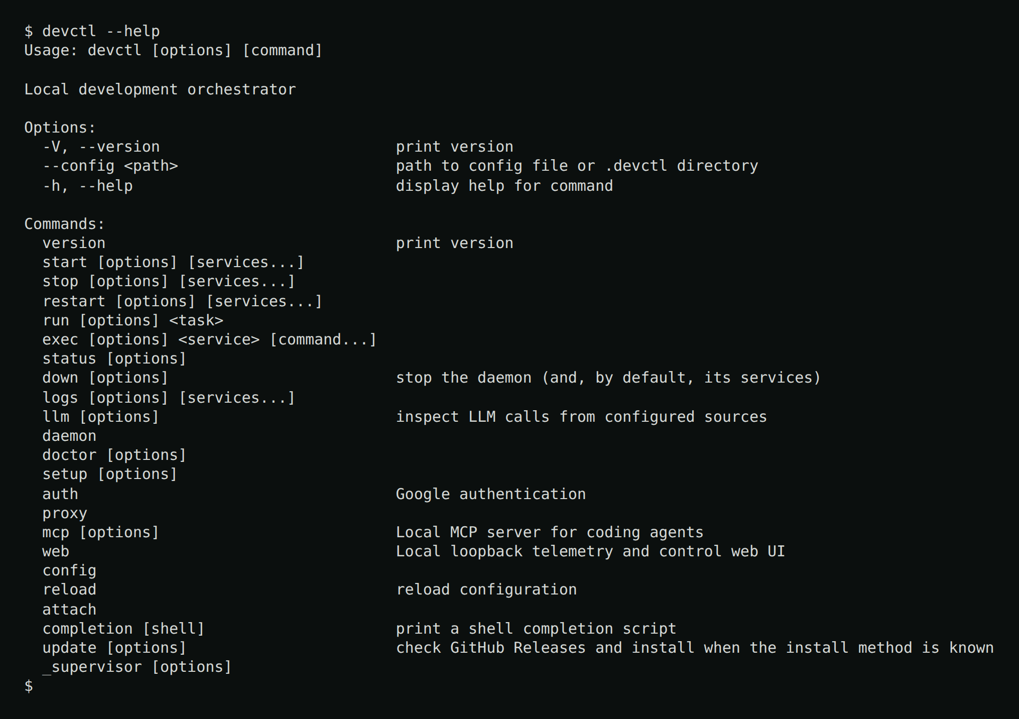 devctl --help lists every command, global flags, and exit codes