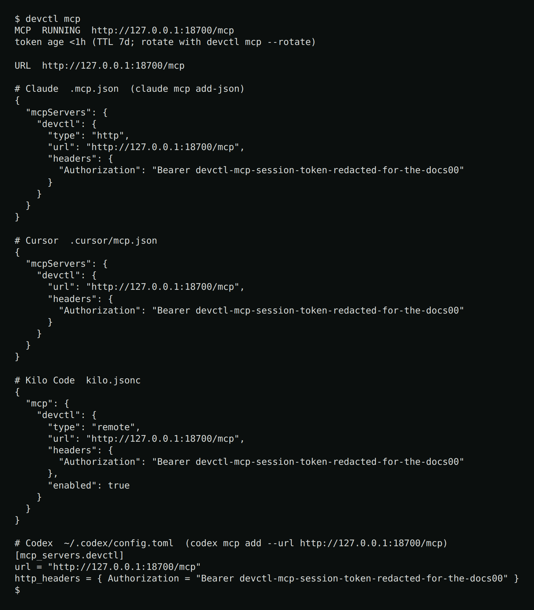 devctl mcp — the loopback URL and ready-to-paste config snippets for Claude, Cursor, Kilo Code, and Codex, each with the bearer header (token redacted here)