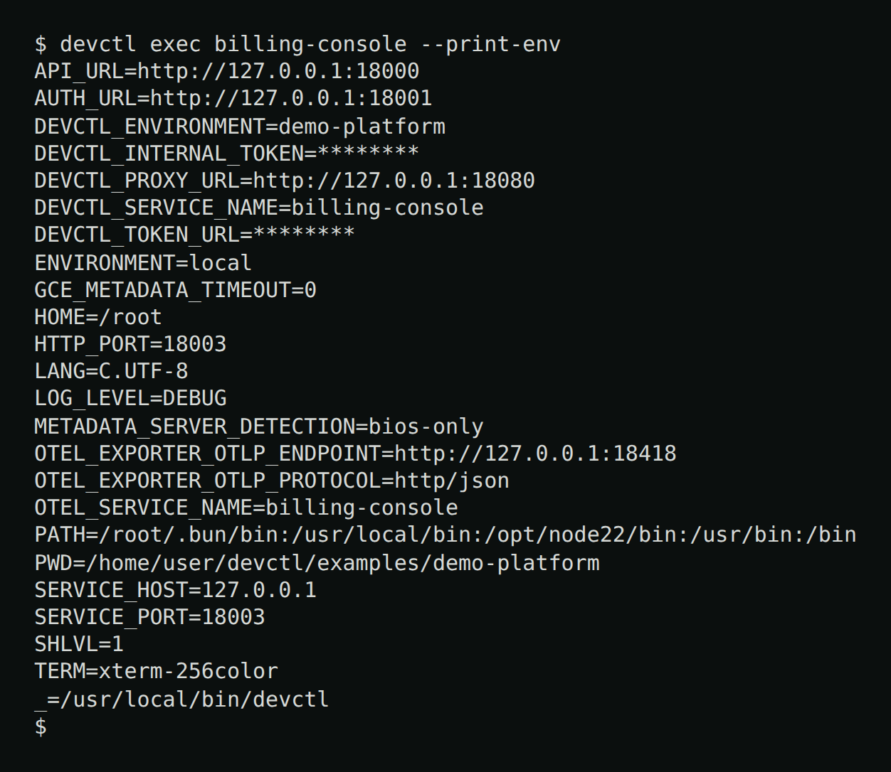 devctl exec --print-env with  and  masked as 