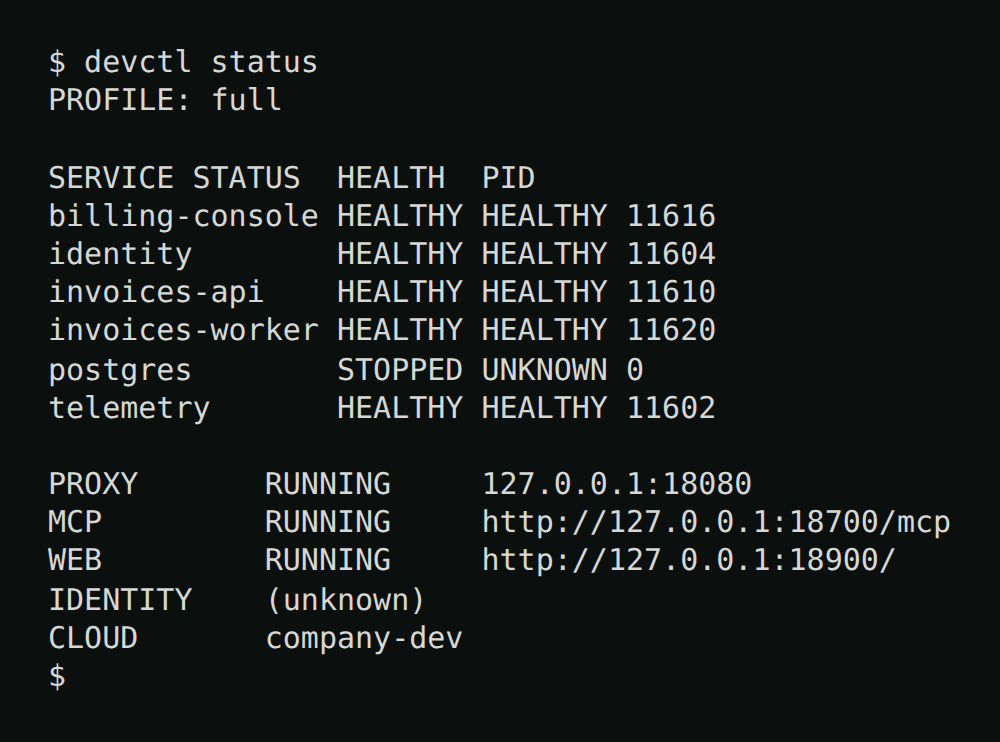 devctl status — per-service state and health, plus the proxy, MCP, and web listener addresses