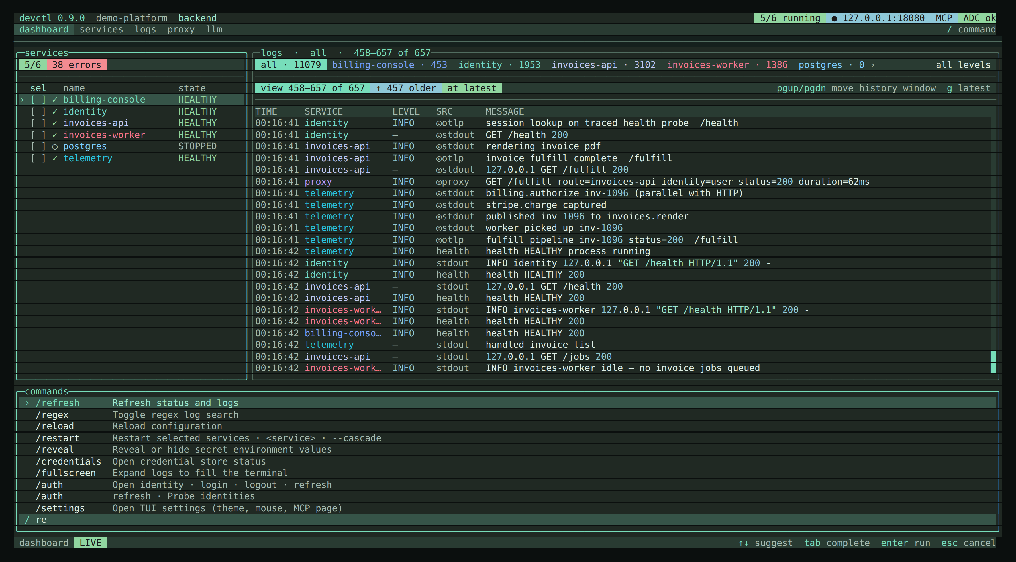 The command overlay ranks matching slash commands as you type — here filtered to commands starting with “re”