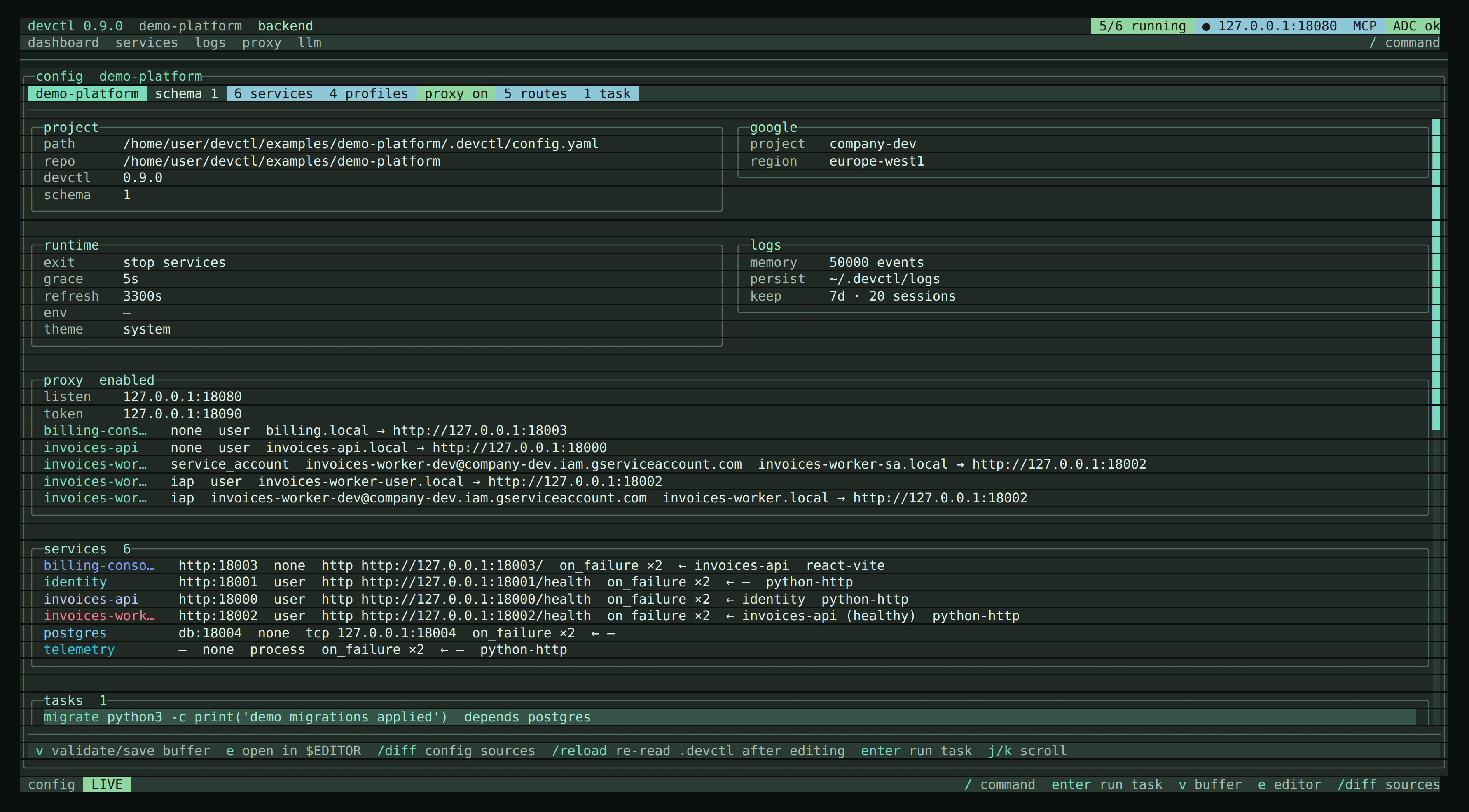 The TUI Config screen — merged project, google, runtime, logs, proxy routes, services, and tasks in one view