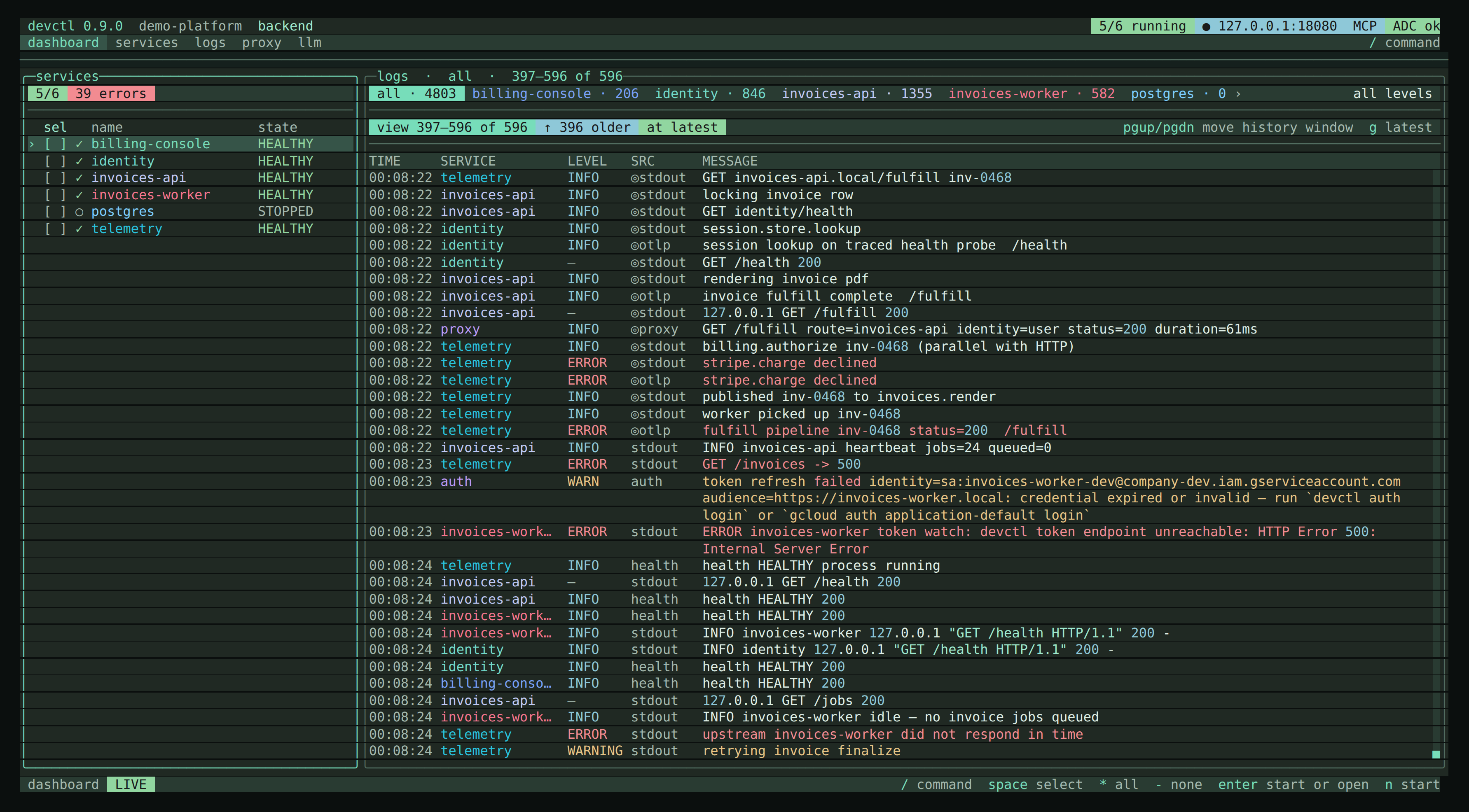 The devctl dashboard after  starts a profile — services healthy on the left, a live log stream on the right