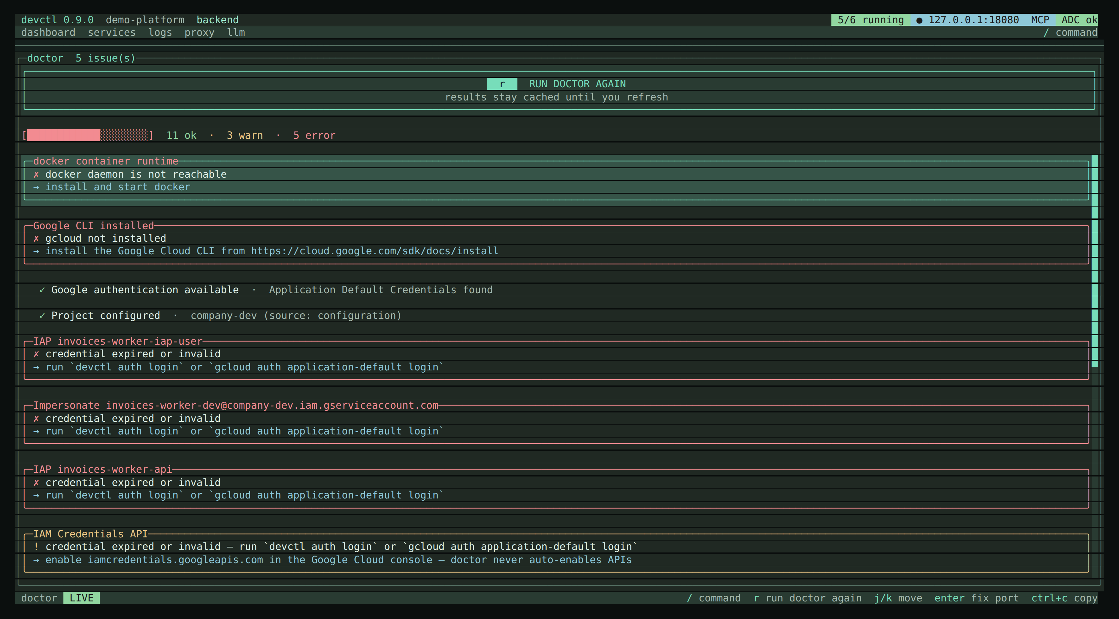 The TUI Doctor screen — a pass/warn/error progress bar and grouped checks with hints, re-run with 