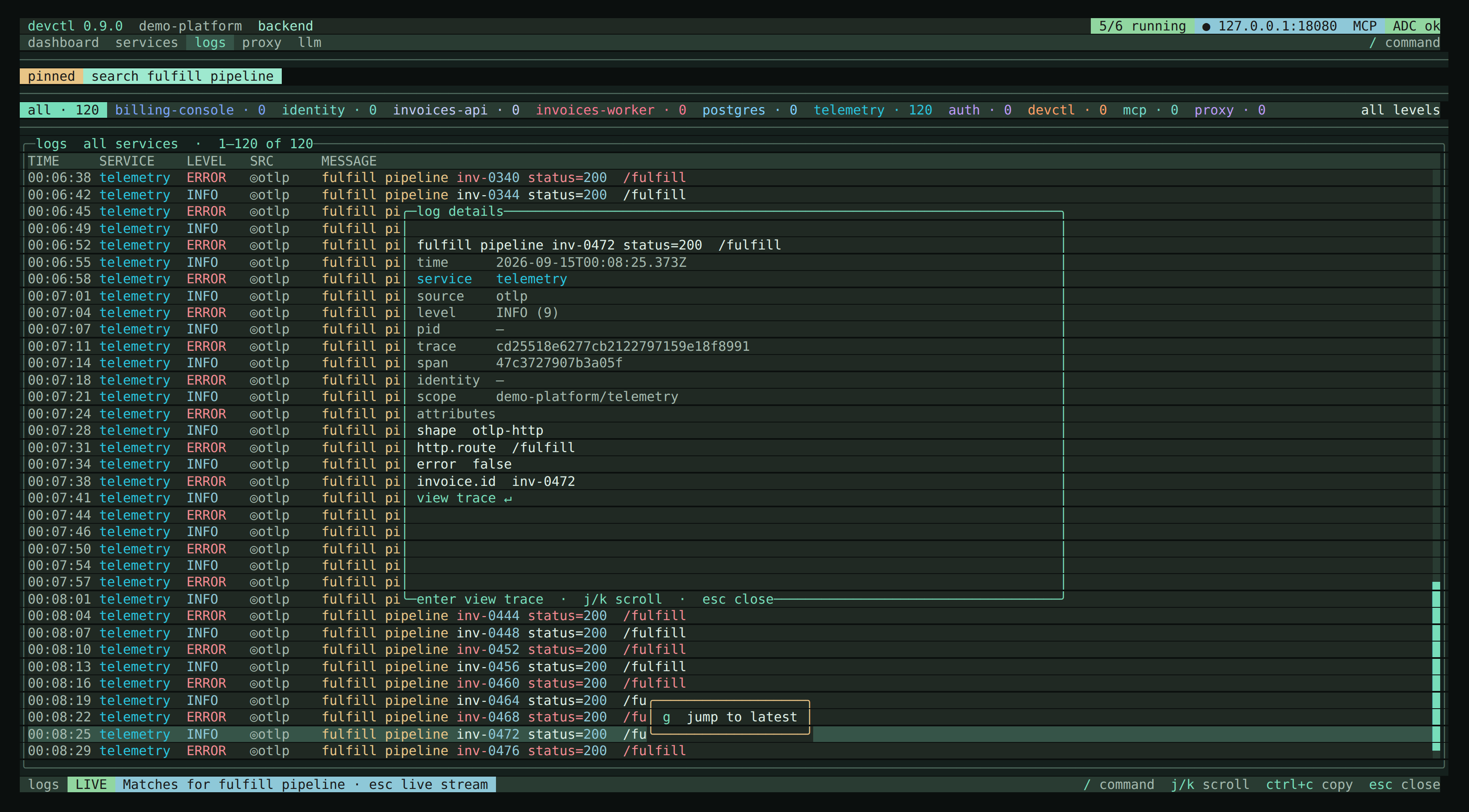 The log details overlay — body, timestamp, service, source, severity, trace and span ids, and the structured attributes table, with “view trace” to open the waterfall