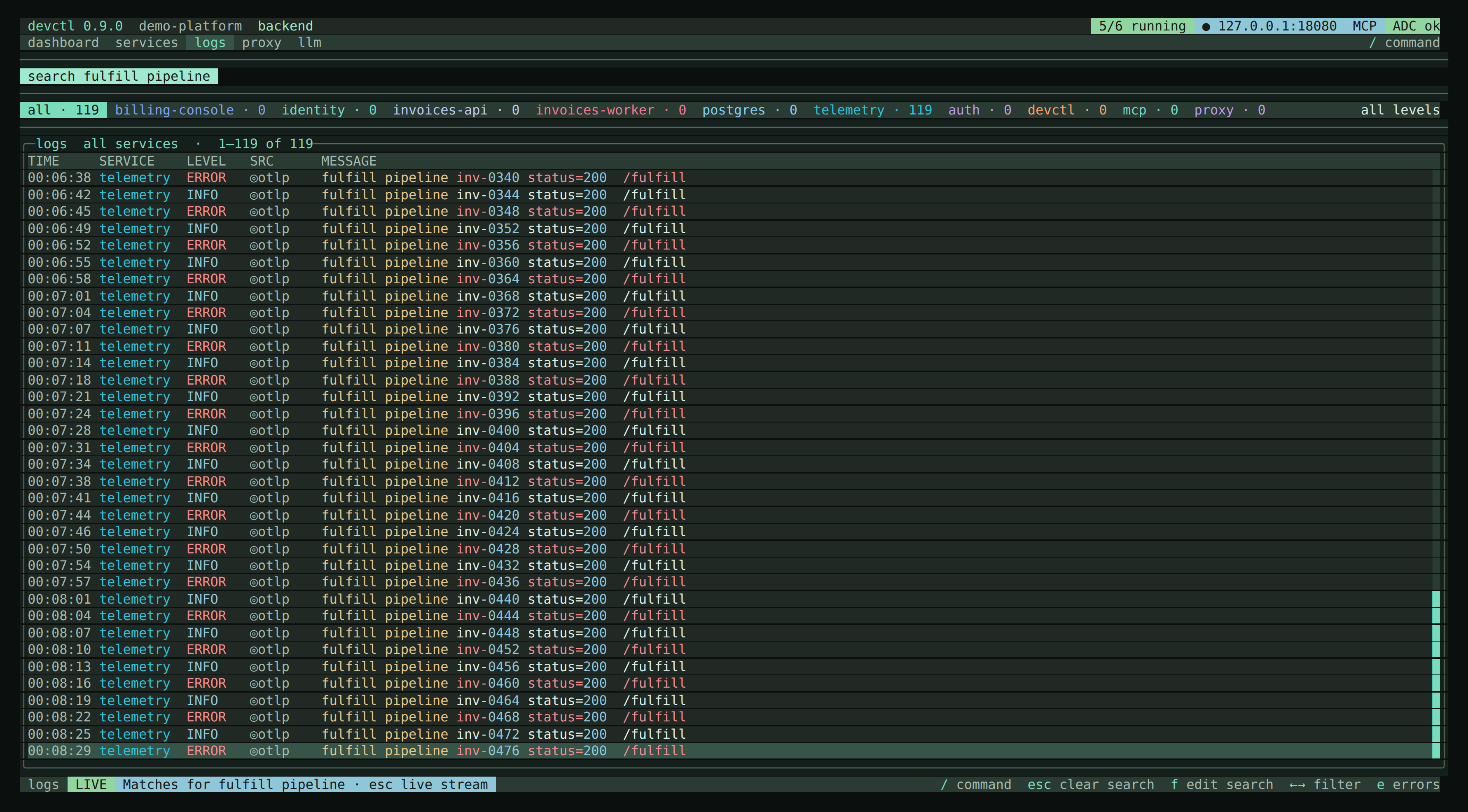 The Logs tab with a live search kept on “fulfill pipeline” — per-service and per-level facet chips update as you filter