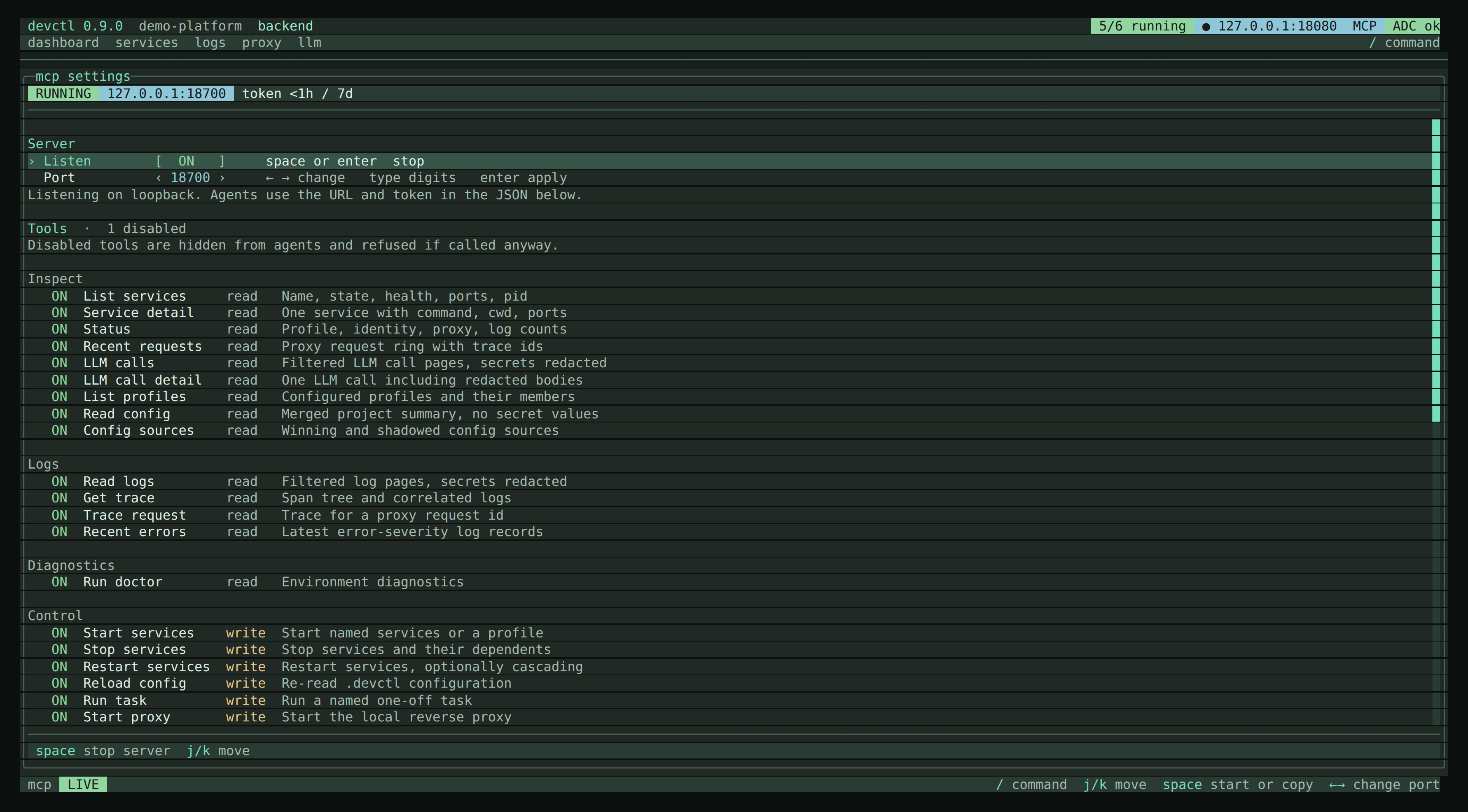 The TUI MCP settings page — Listen toggle and port stepper, then tools grouped by purpose (inspect, logs, diagnostics, control) each marked read or write