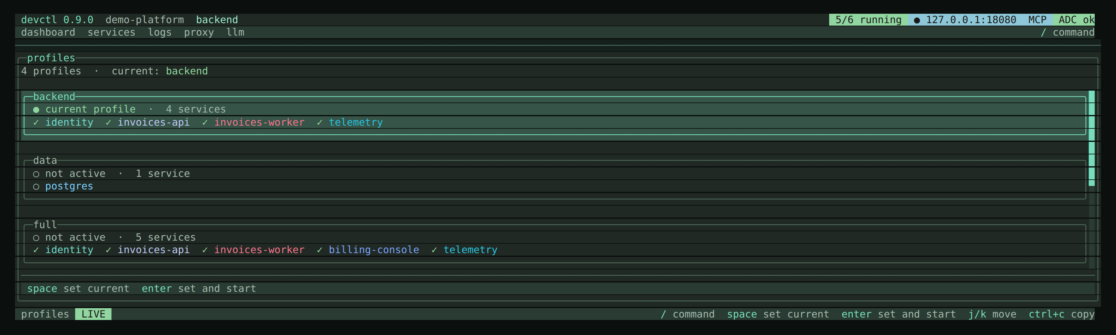 The TUI profiles screen — the current profile highlighted, each profile showing its member services and count