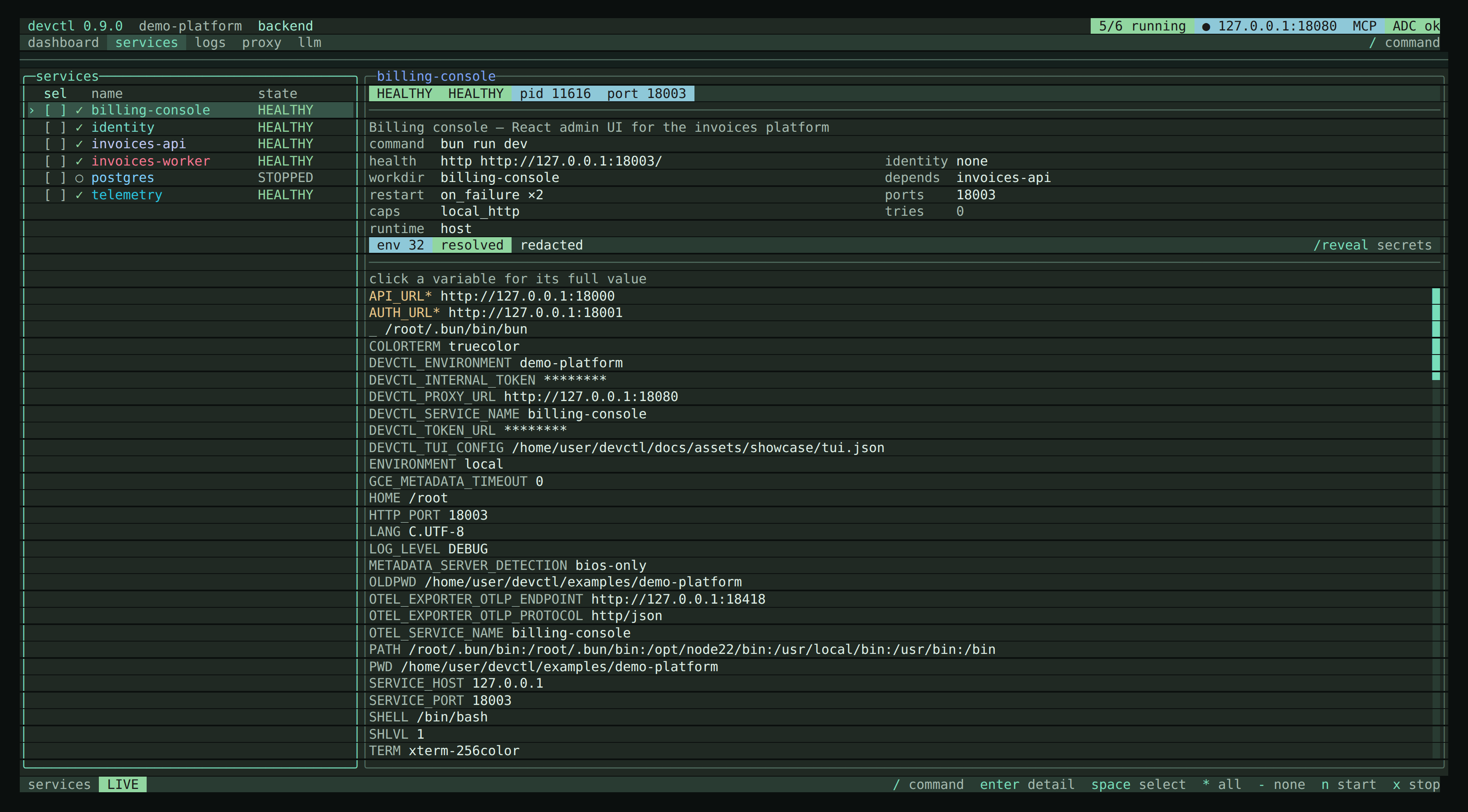 The services inspector showing billing-console — health, command, workdir, ports, and its resolved environment with  and  redacted