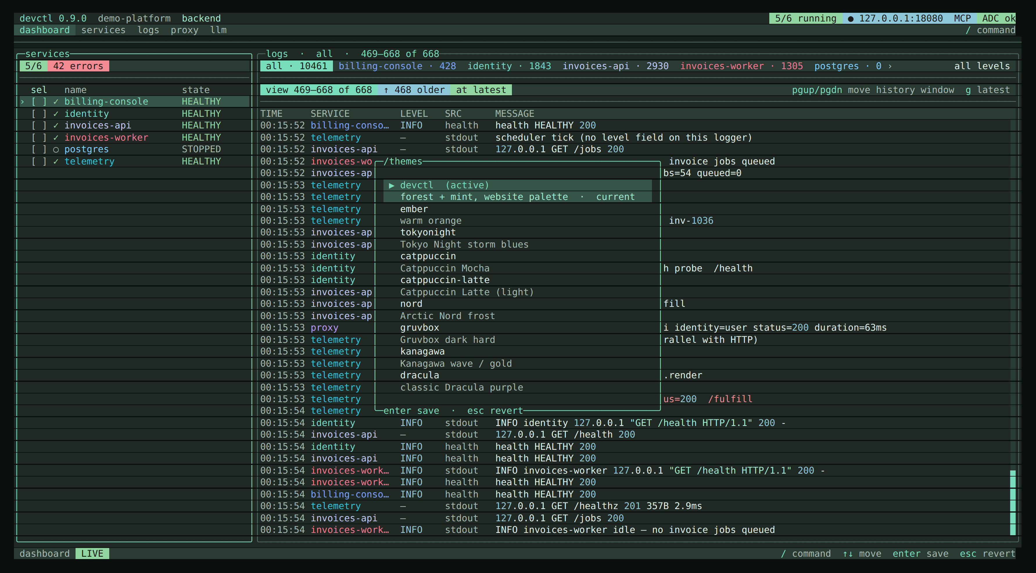 The theme picker with live preview — devctl (active), ember, tokyonight, catppuccin, nord, gruvbox, kanagawa, dracula and more